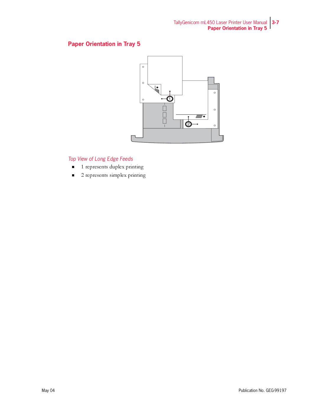 Tally Genicom mL450 user manual Paper Orientation in Tray 