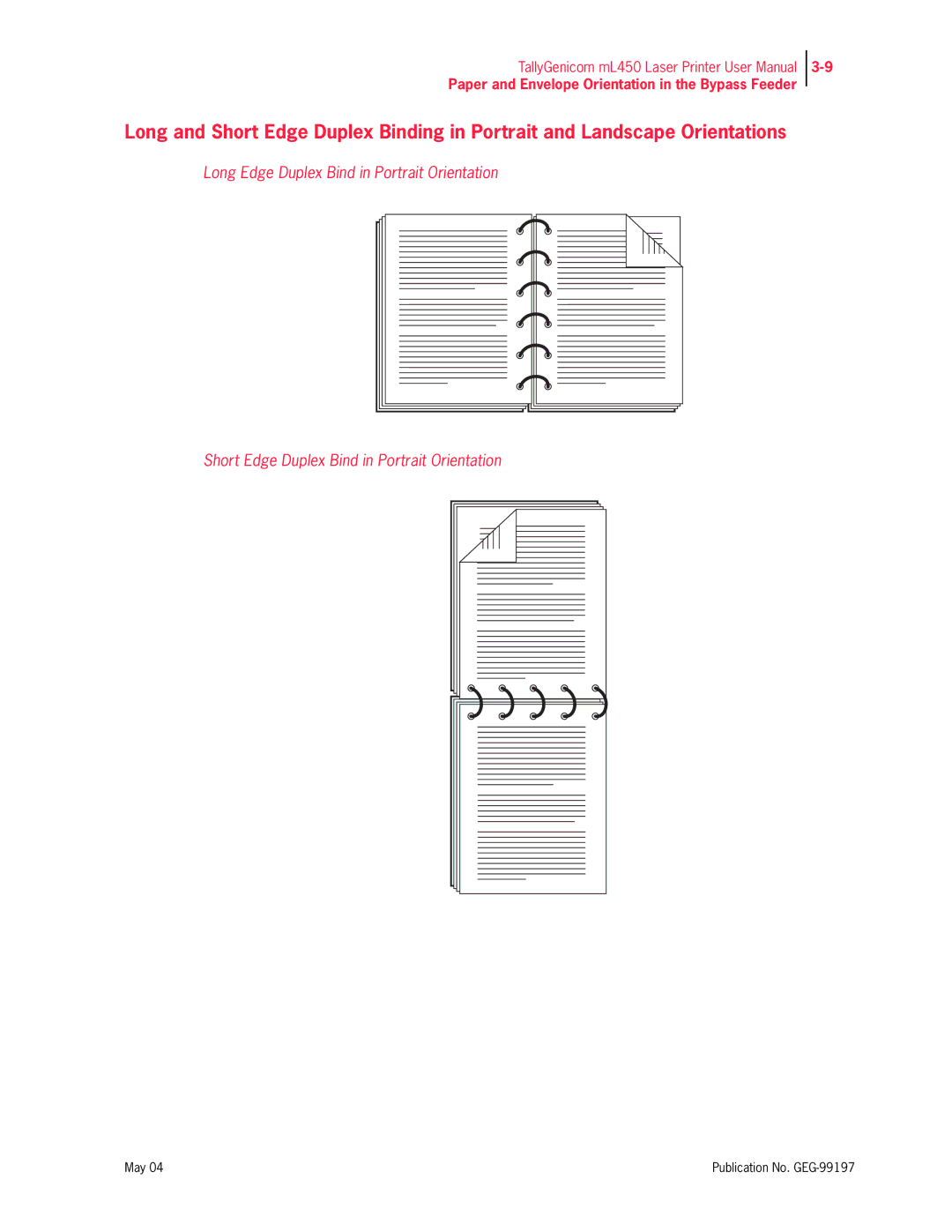 Tally Genicom mL450 user manual Paper and Envelope Orientation in the Bypass Feeder 