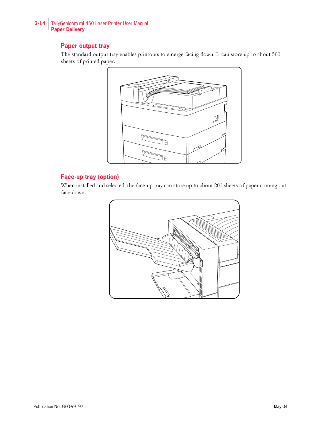 Tally Genicom mL450 user manual Paper output tray, Face-up tray option 