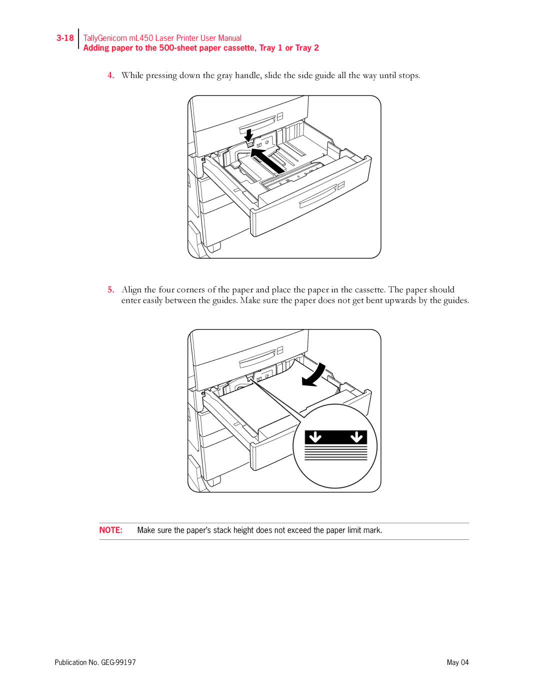 Tally Genicom mL450 user manual Adding paper to the 500-sheet paper cassette, Tray 1 or Tray 