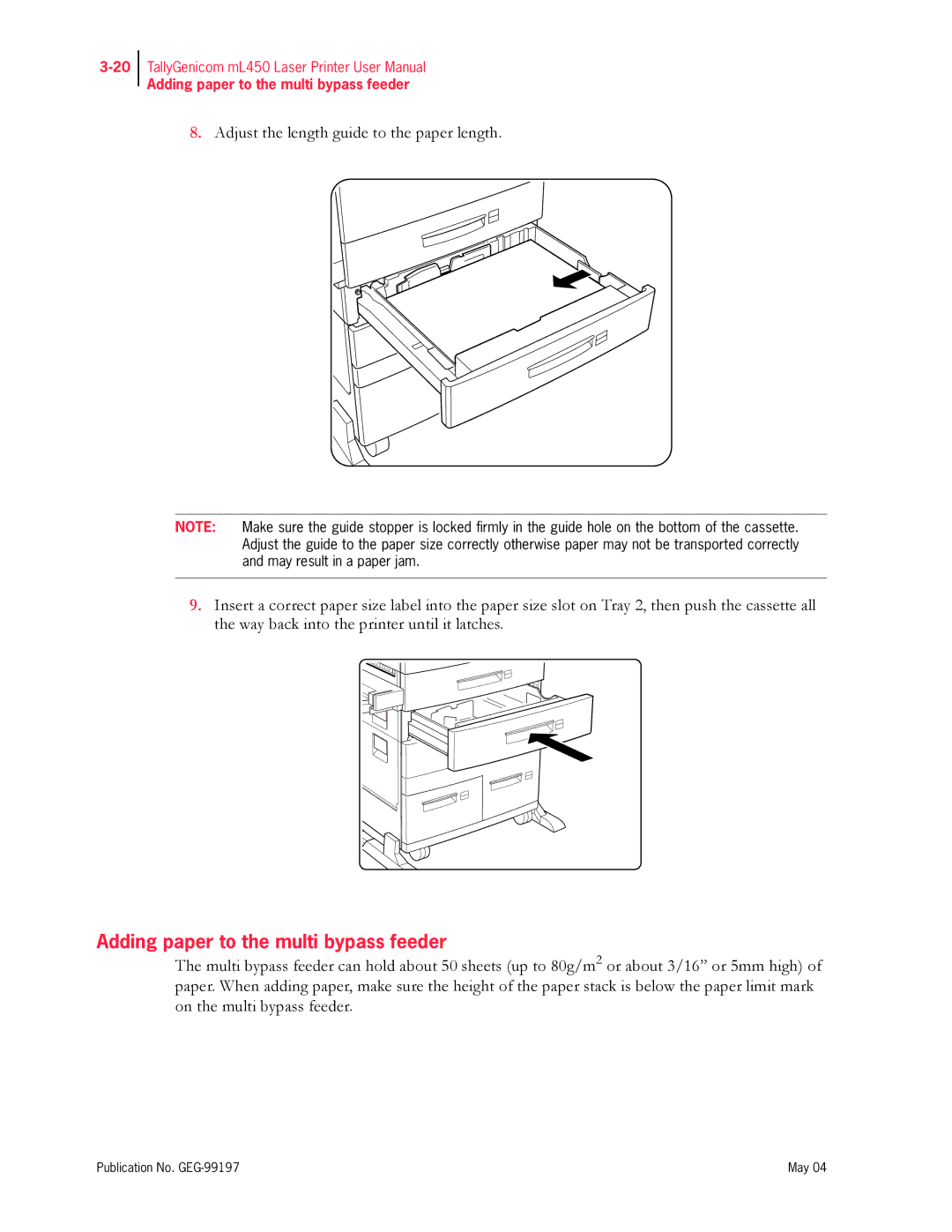 Tally Genicom mL450 user manual Adding paper to the multi bypass feeder 