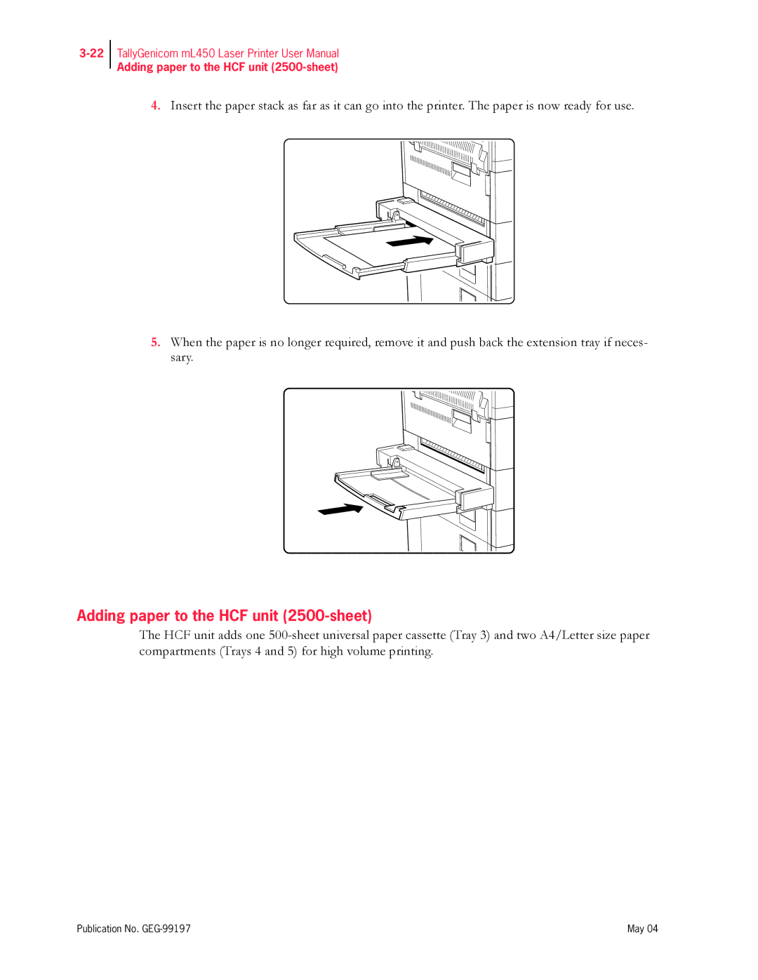 Tally Genicom mL450 user manual Adding paper to the HCF unit 2500-sheet 