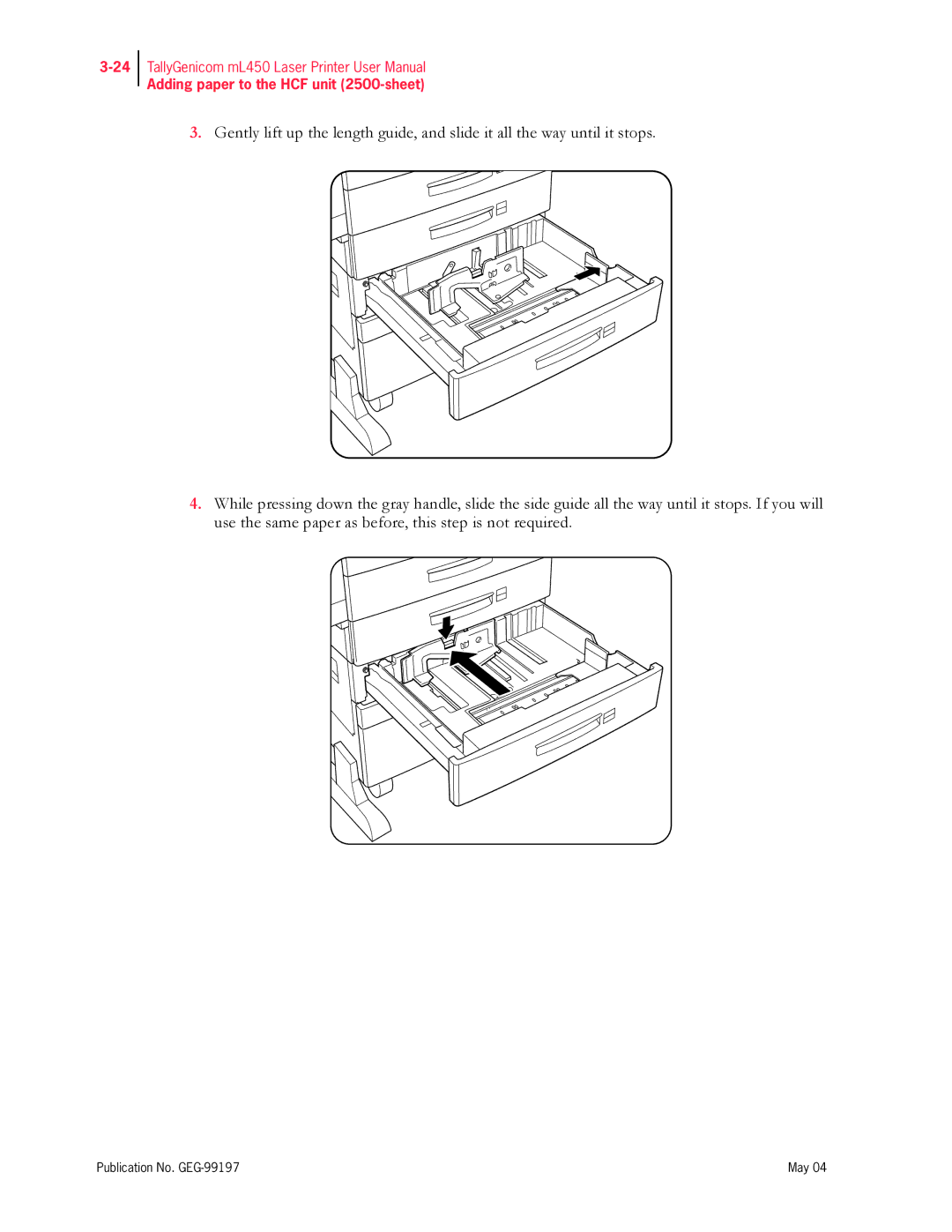 Tally Genicom mL450 user manual Adding paper to the HCF unit 2500-sheet 