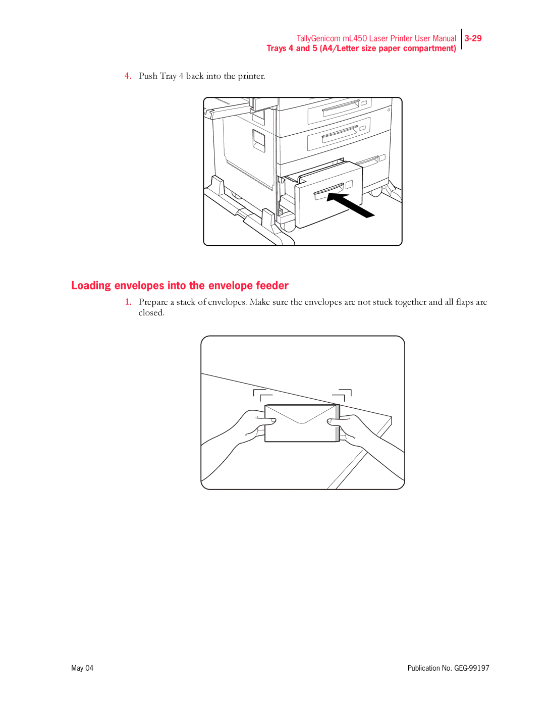 Tally Genicom mL450 user manual Loading envelopes into the envelope feeder 