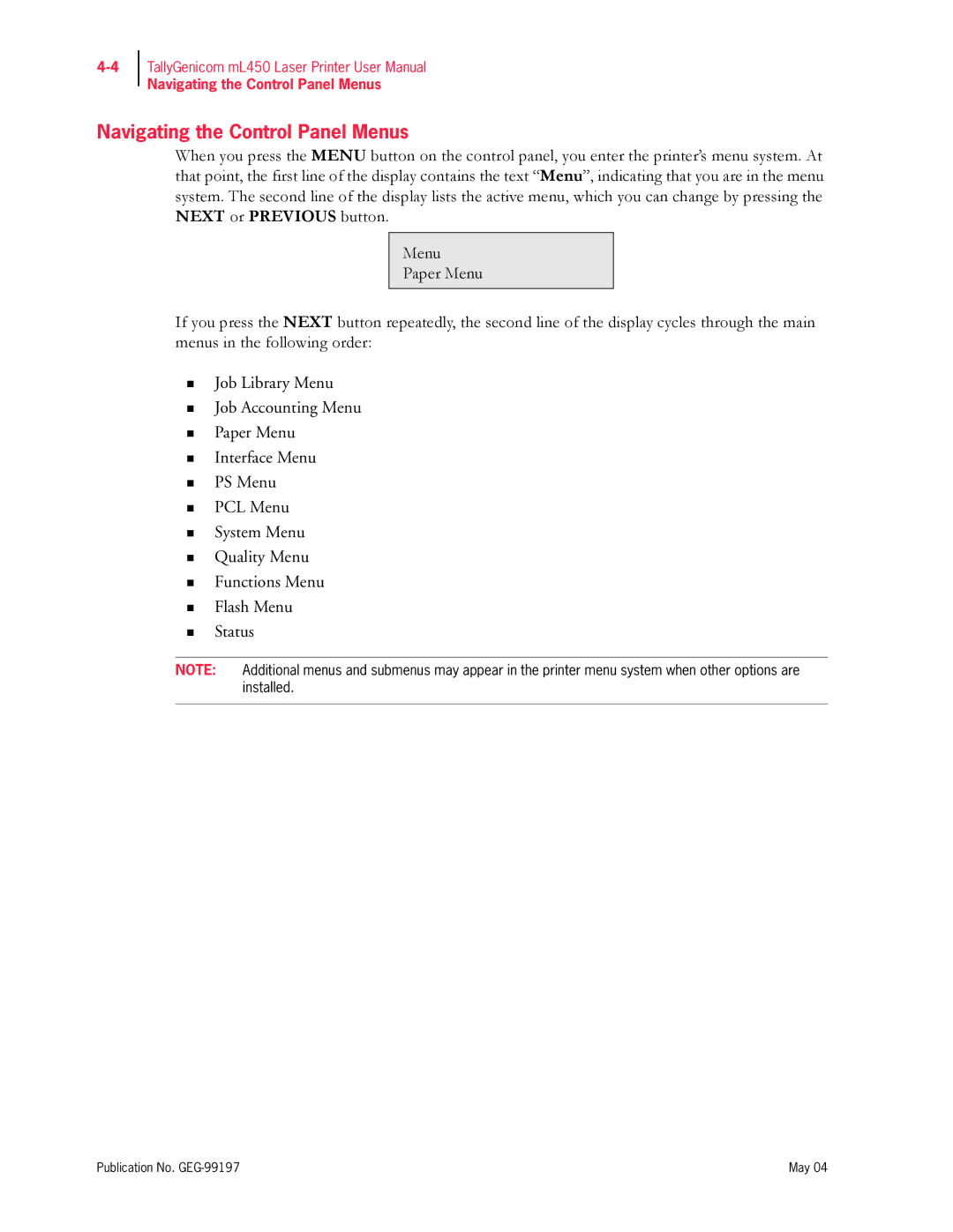 Tally Genicom mL450 user manual Navigating the Control Panel Menus 