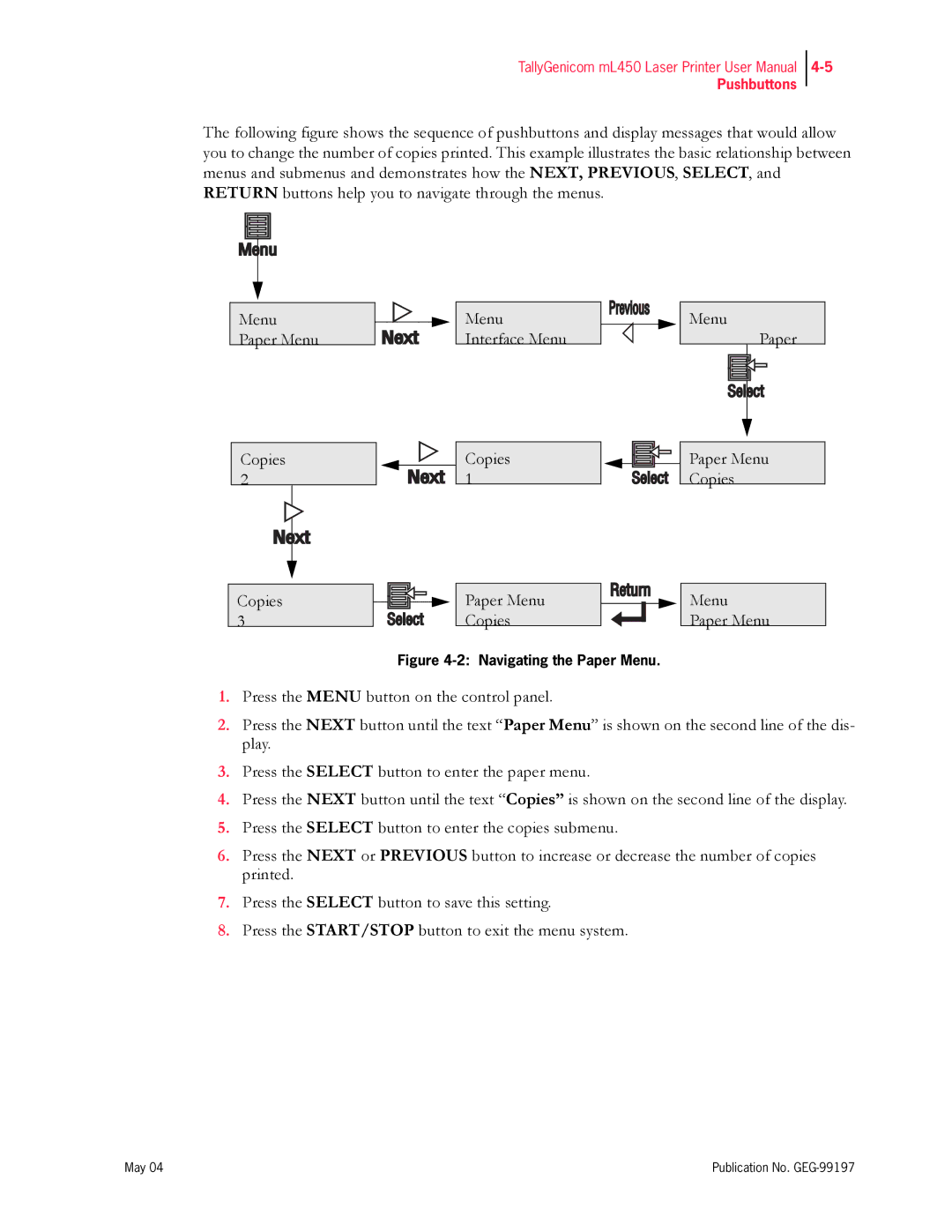 Tally Genicom mL450 user manual Navigating the Paper Menu 