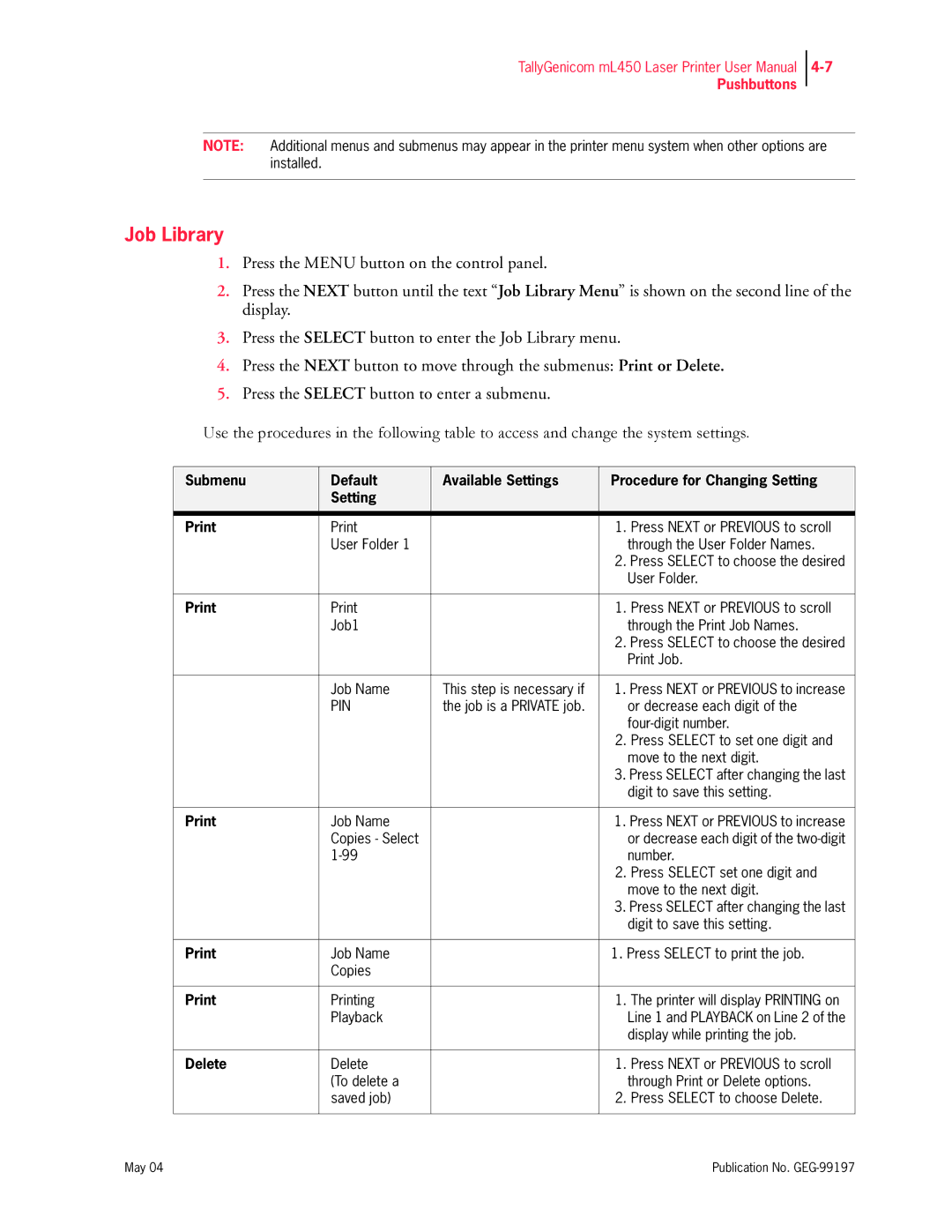 Tally Genicom mL450 user manual Job Library, Delete 