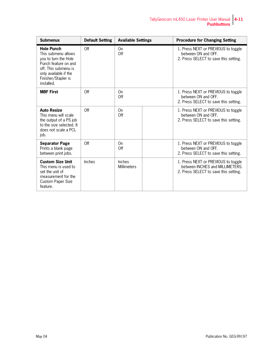 Tally Genicom mL450 user manual MBF First, Auto Resize, Separator, Custom Size Unit 