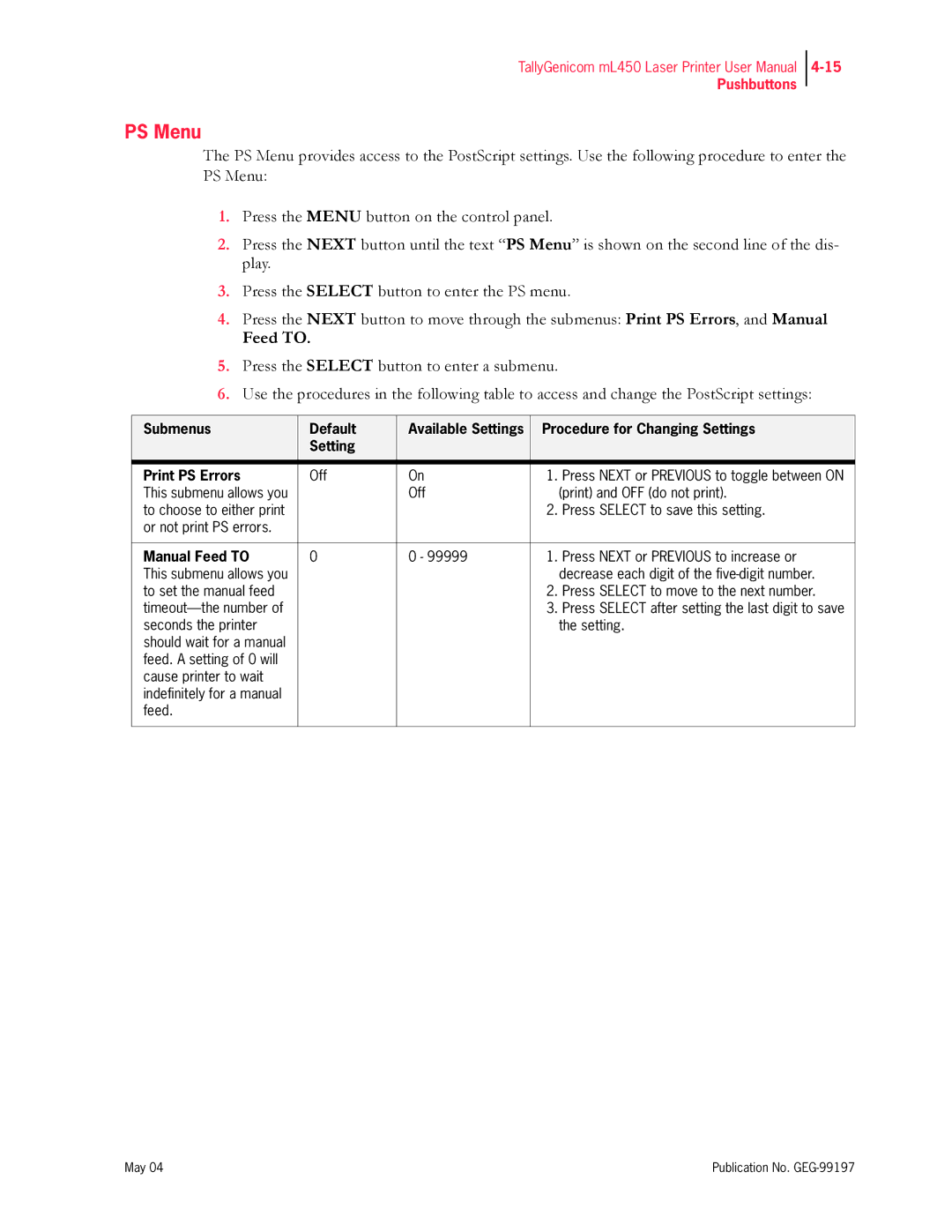 Tally Genicom mL450 user manual PS Menu, Manual Feed to 