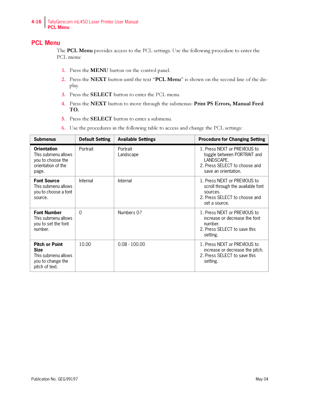 Tally Genicom mL450 user manual PCL Menu, Font Source, Font Number, Pitch or Point, Size 