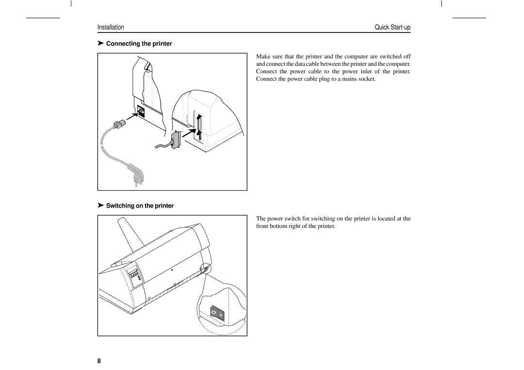 Tally Genicom T2250, T2150 manual Connecting the printer, Switching on the printer 