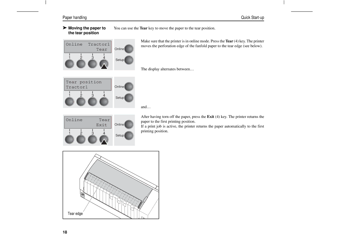 Tally Genicom T2250, T2150 manual Tear position Tractor1, Online Tear, Moving the paper to the tear position 