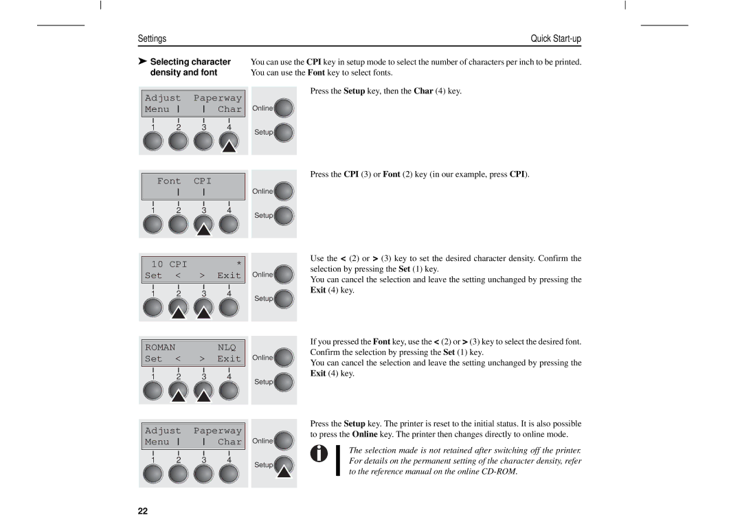 Tally Genicom T2250, T2150 manual Adjust Paperway Menu Char Font CPI, CPI Set Exit Roman NLQ Set Exit 