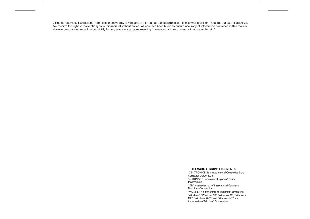 Tally Genicom T2150, T2250 manual Trademark Acknowledgements 