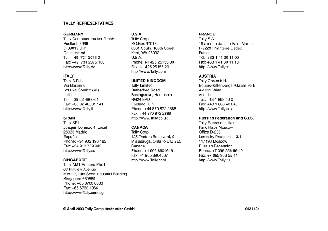 Tally Genicom T2250, T2150 manual Tally Representatives Germany France, Russian Federation and C.I.S 