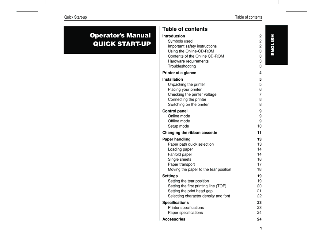 Tally Genicom T2150, T2250 manual Quick START-UP, Table of contents 