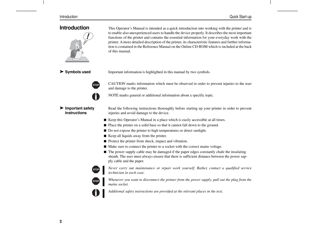 Tally Genicom T2250, T2150 manual Introduction, Symbols used, Important safety instructions 