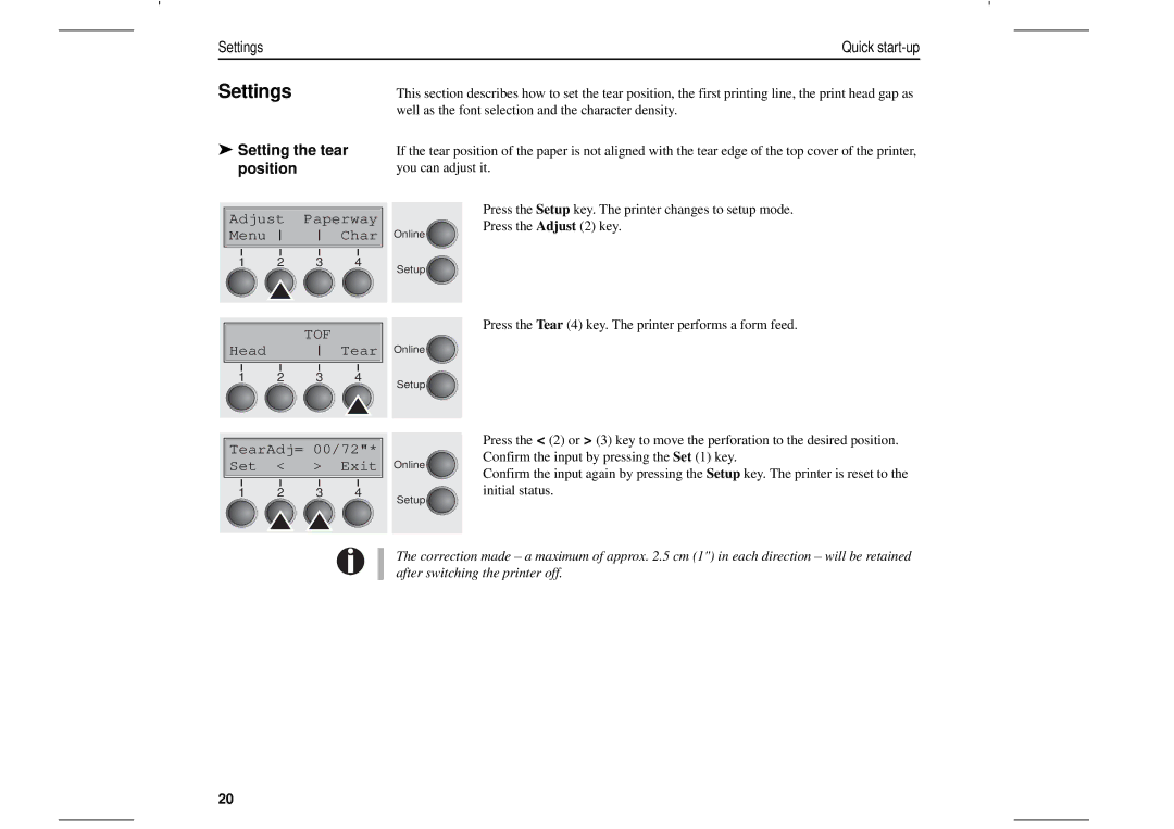 Tally Genicom T2265, T2280 manual Settings, Setting the tear position, Head Tear 