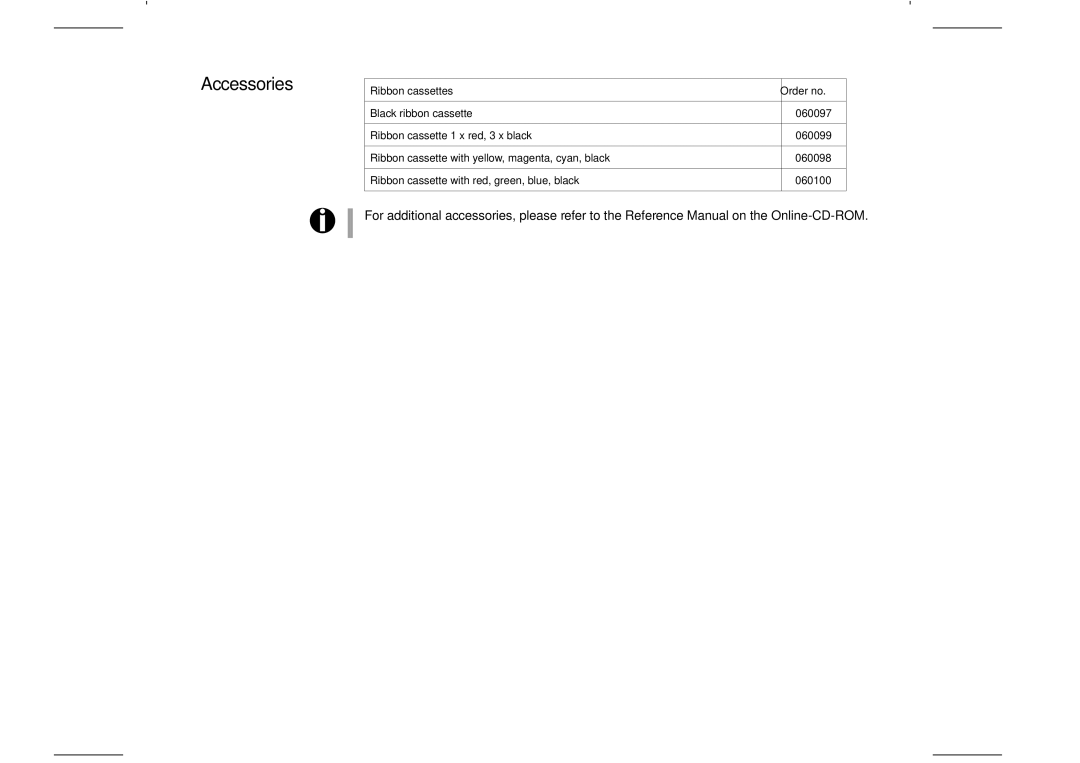 Tally Genicom T2265, T2280 manual Accessories, Ribbon cassettes Order no 