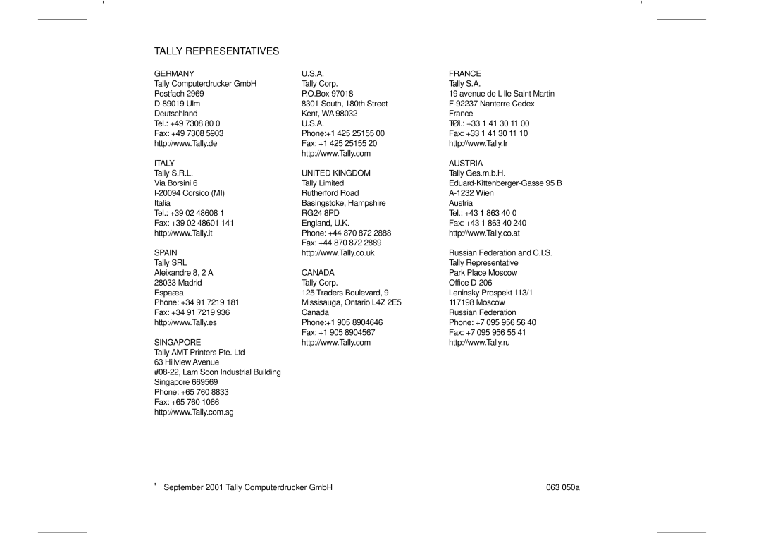 Tally Genicom T2265, T2280 manual Tally Representatives 