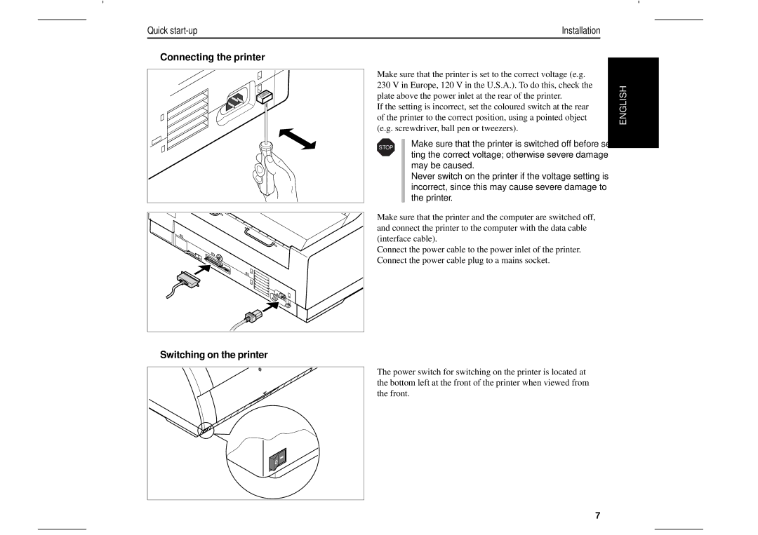 Tally Genicom T2280, T2265 manual Connecting the printer, Switching on the printer 