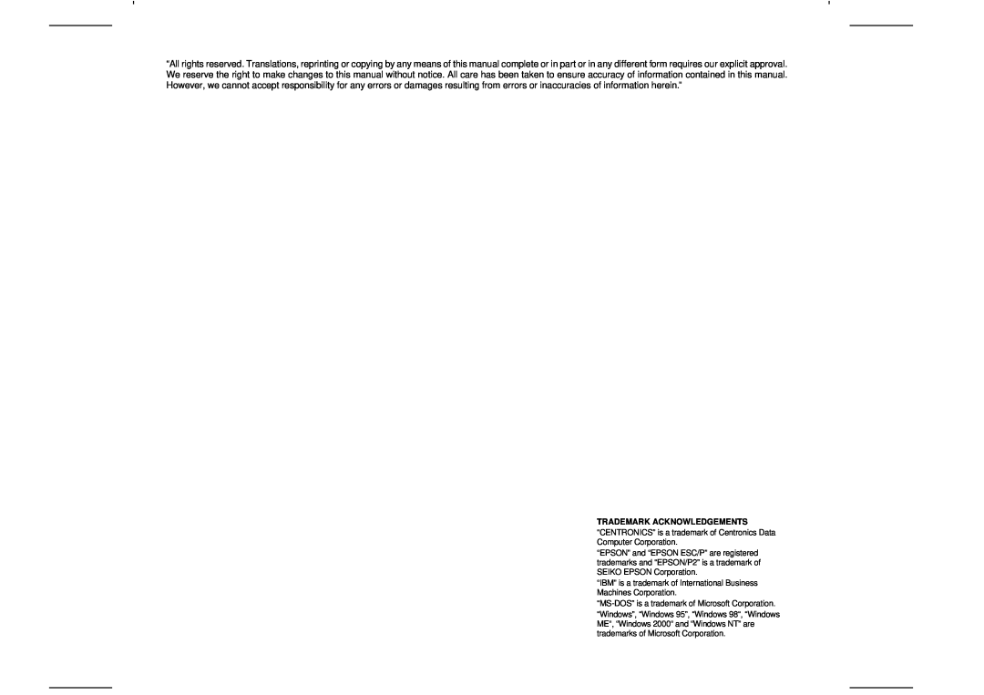 Tally Genicom T2280, T2265 Trademark Acknowledgements, “CENTRONICS” is a trademark of Centronics Data Computer Corporation 