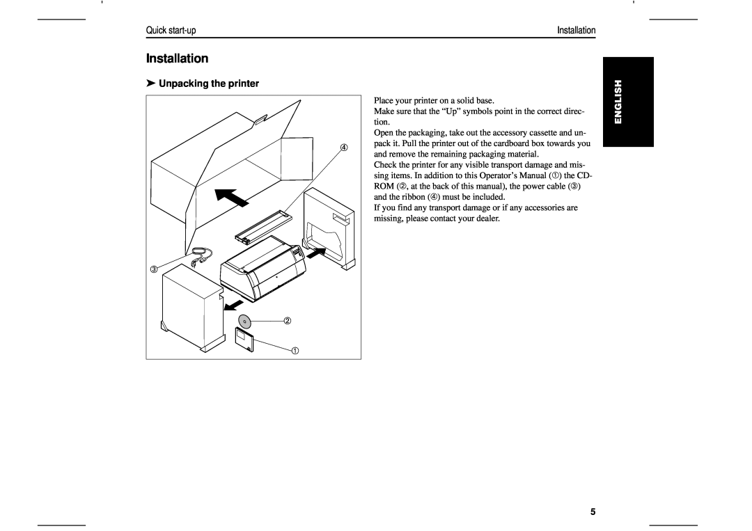 Tally Genicom T2280, T2265 manual Installation, Unpacking the printer, English 