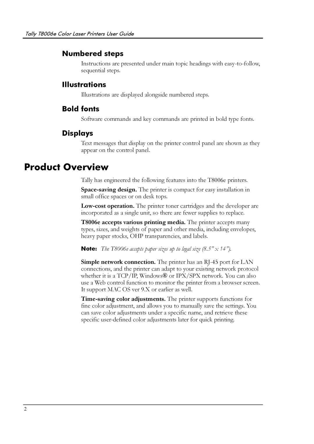 Tally Genicom T8006e manual Product Overview, Numbered steps, Illustrations, Bold fonts Displays 