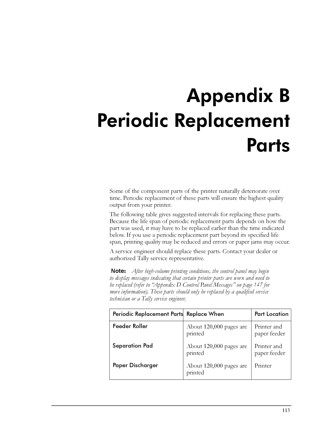 Tally Genicom T8006e manual Appendix B Periodic Replacement Parts, About 120,000 pages are Printer Printed 