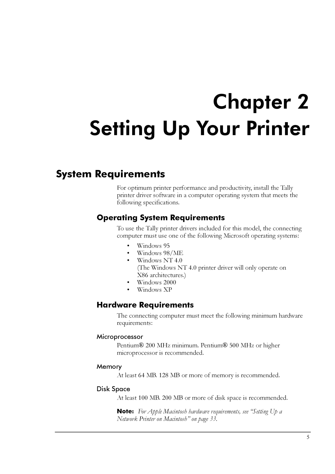 Tally Genicom T8006e manual Setting Up Your Printer, Operating System Requirements, Hardware Requirements 