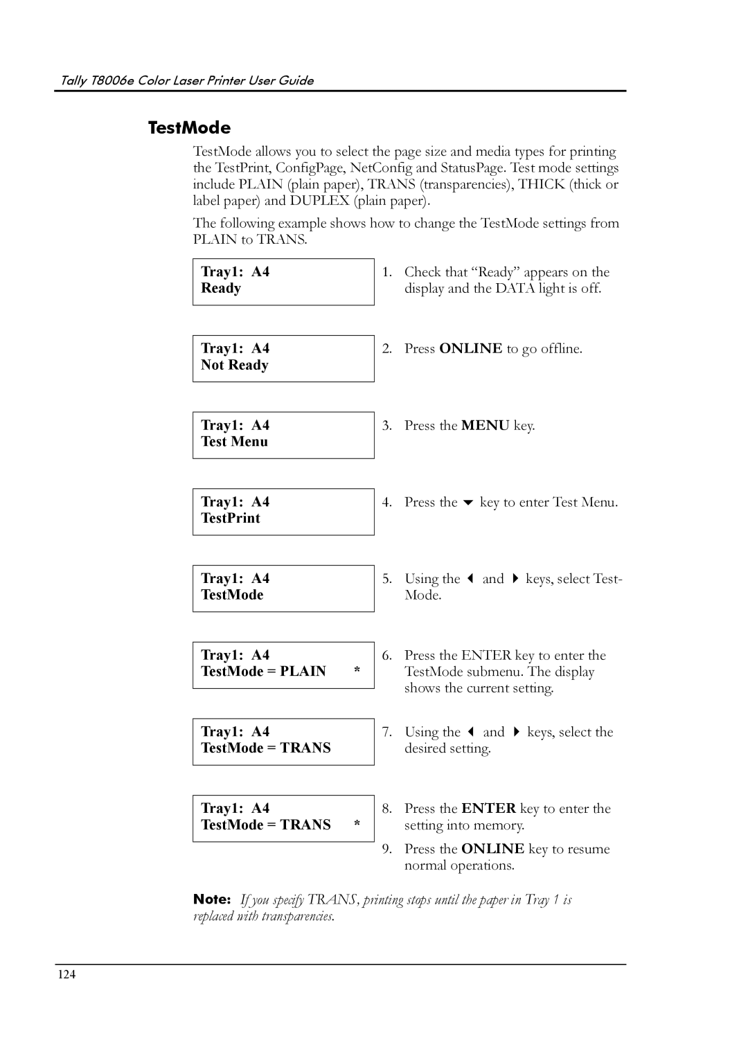 Tally Genicom T8006e manual Tray1 A4 TestMode = Plain Tray1 A4 TestMode = Trans 