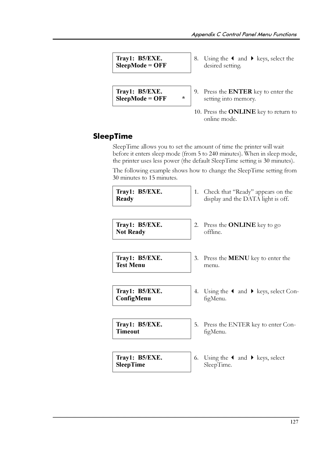 Tally Genicom T8006e manual SleepTime, Tray1 B5/EXE. SleepMode = OFF, Tray1 B5/EXE SleepMode = OFF 