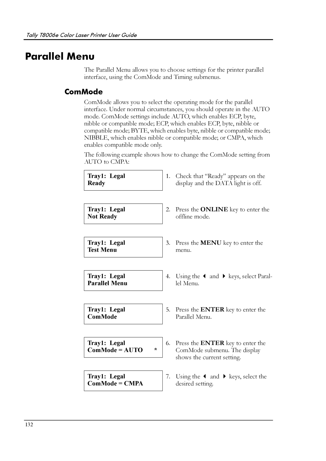 Tally Genicom T8006e manual Parallel Menu, Tray1 Legal ComMode = Auto, Tray1 Legal ComMode = Cmpa 