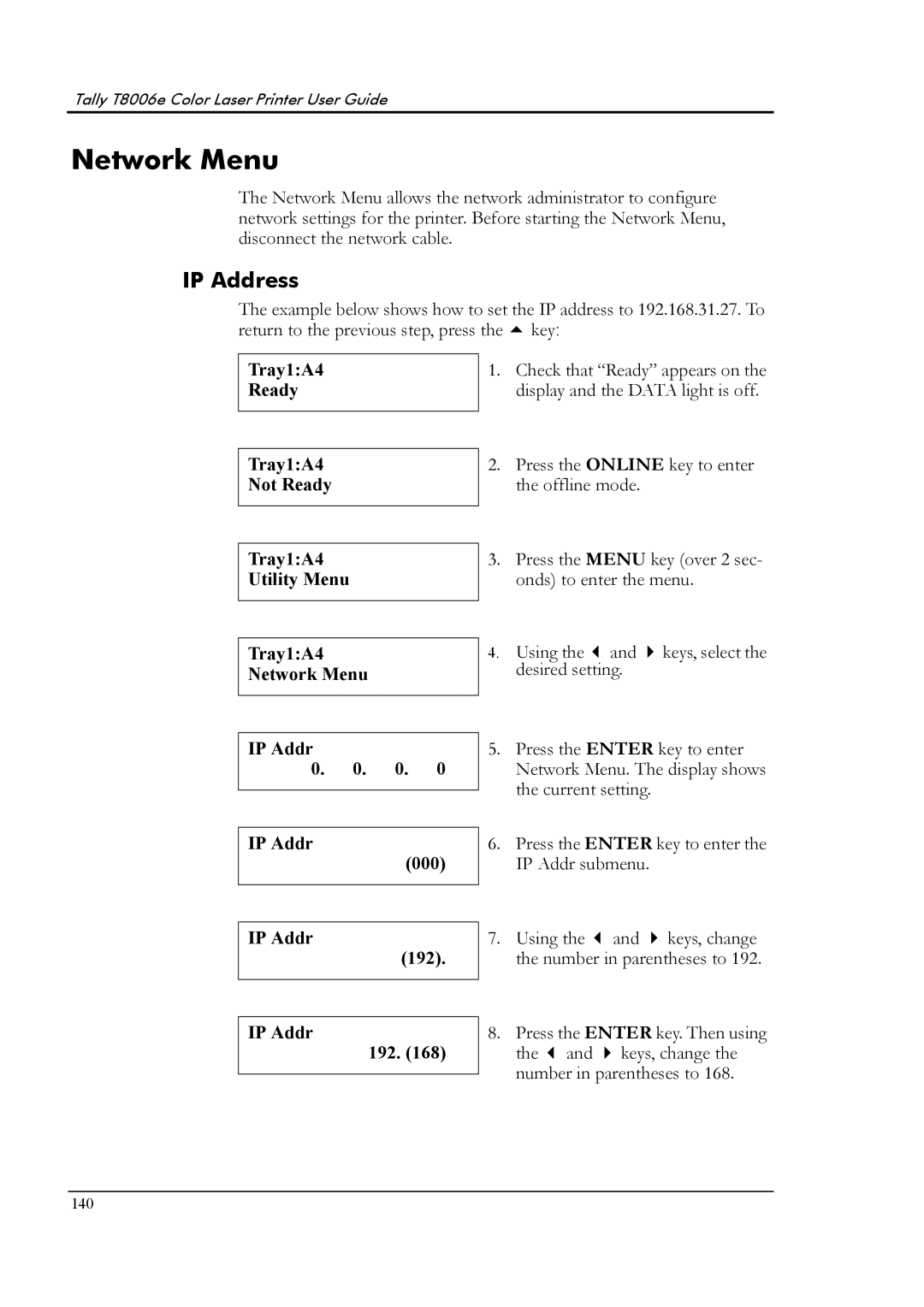 Tally Genicom T8006e manual Network Menu, IP Address 