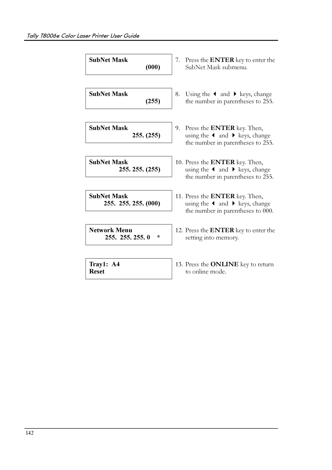 Tally Genicom T8006e manual SubNet Mask 000 255 Network Menu Tray1 A4 Reset 