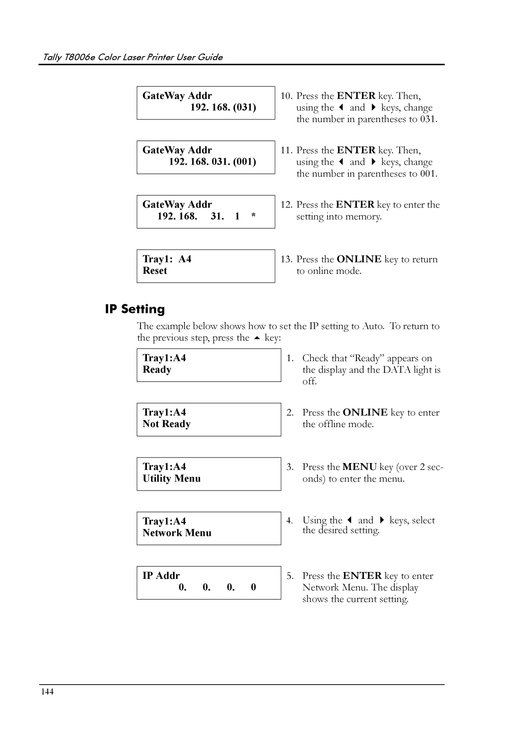 Tally Genicom T8006e manual GateWay Addr 192 Tray1 A4 Reset, Tray1A4 Ready Not Ready Utility Menu Network Menu IP Addr 