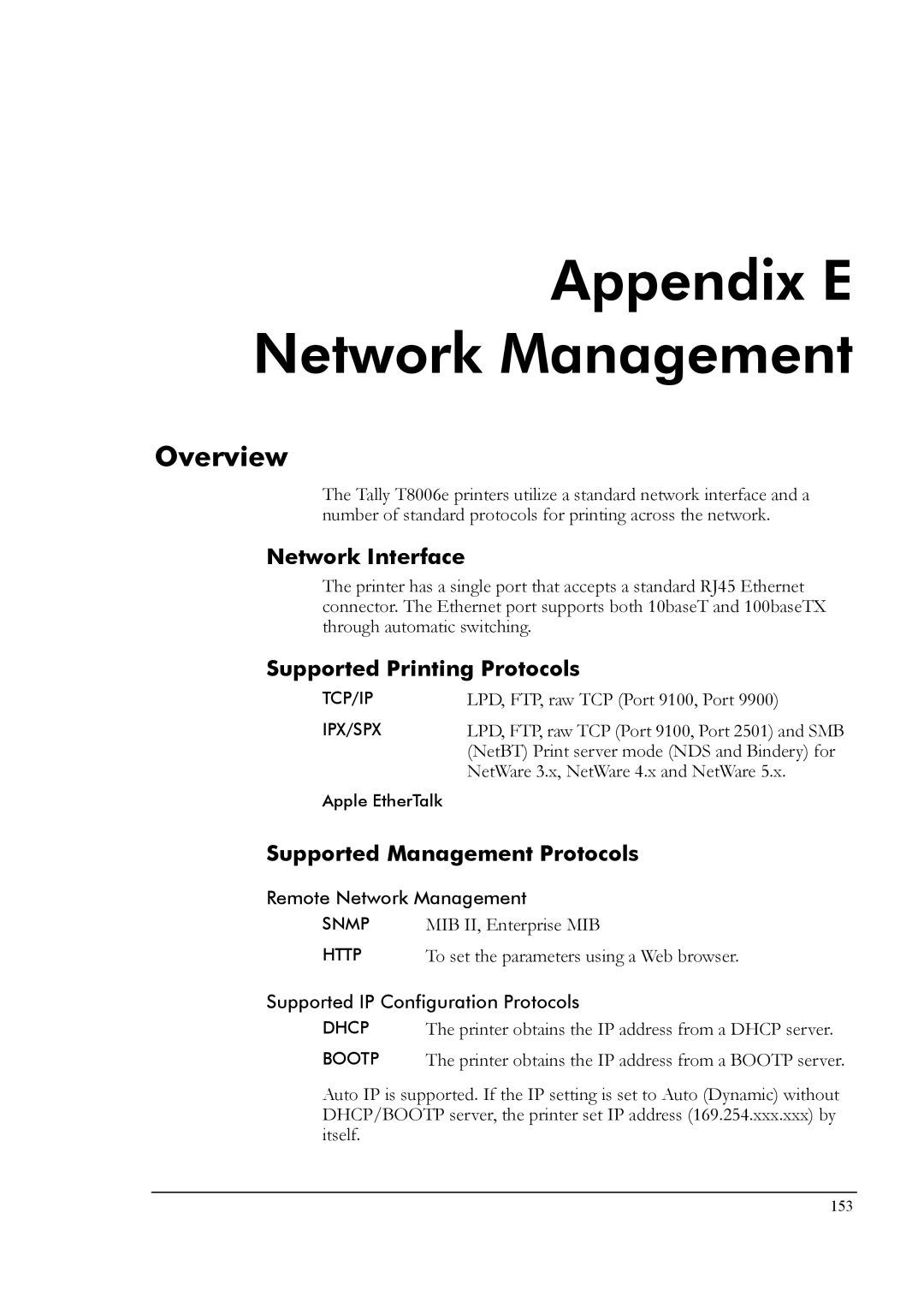 Tally Genicom T8006e manual Appendix E Network Management, Overview, Network Interface, Supported Printing Protocols 