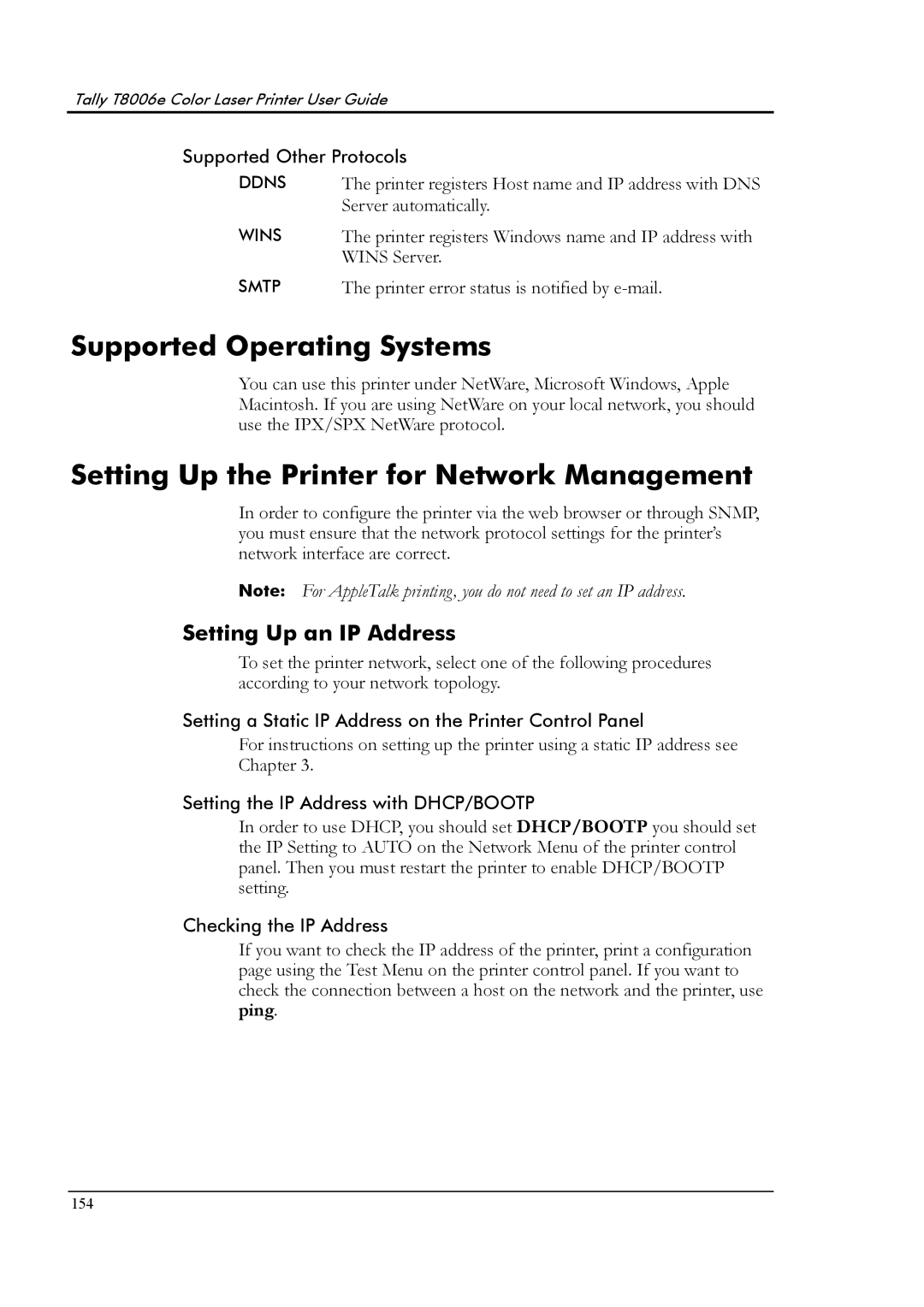 Tally Genicom T8006e Supported Operating Systems, Setting Up the Printer for Network Management, Setting Up an IP Address 