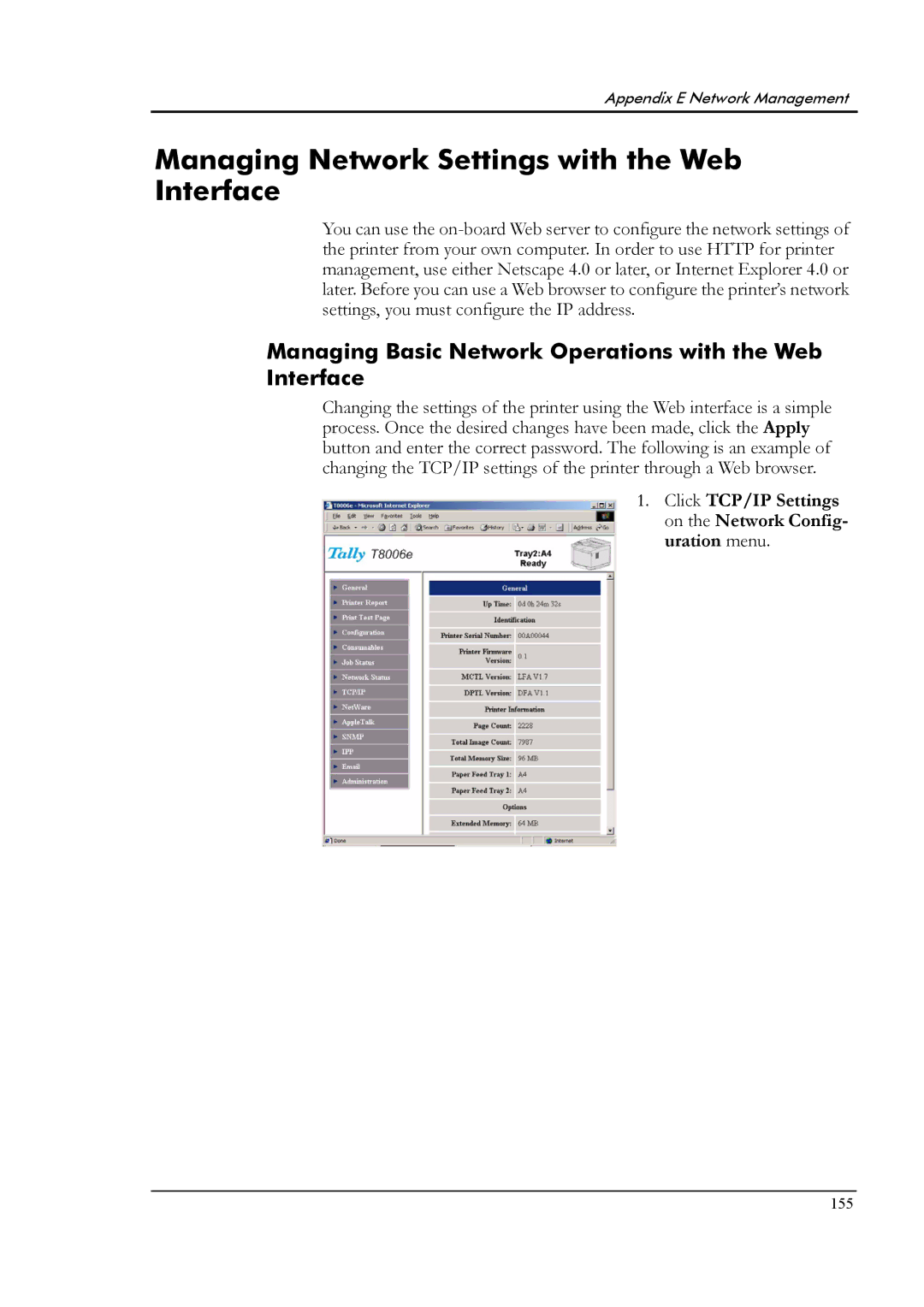 Tally Genicom T8006e manual Managing Network Settings with the Web Interface 