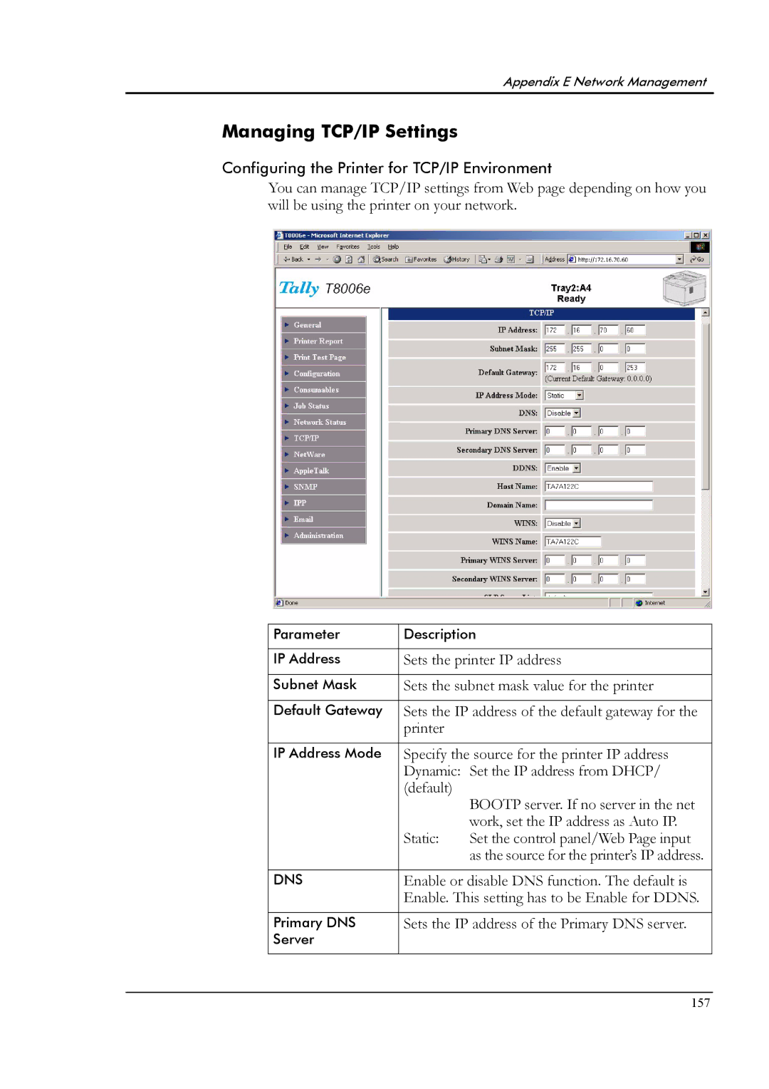 Tally Genicom T8006e manual Managing TCP/IP Settings 