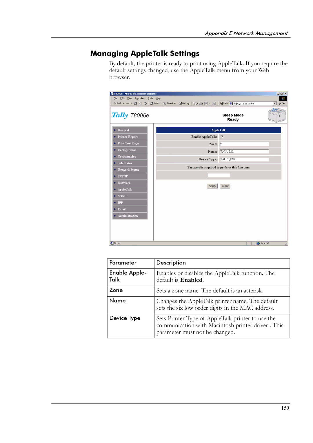 Tally Genicom T8006e manual Managing AppleTalk Settings 