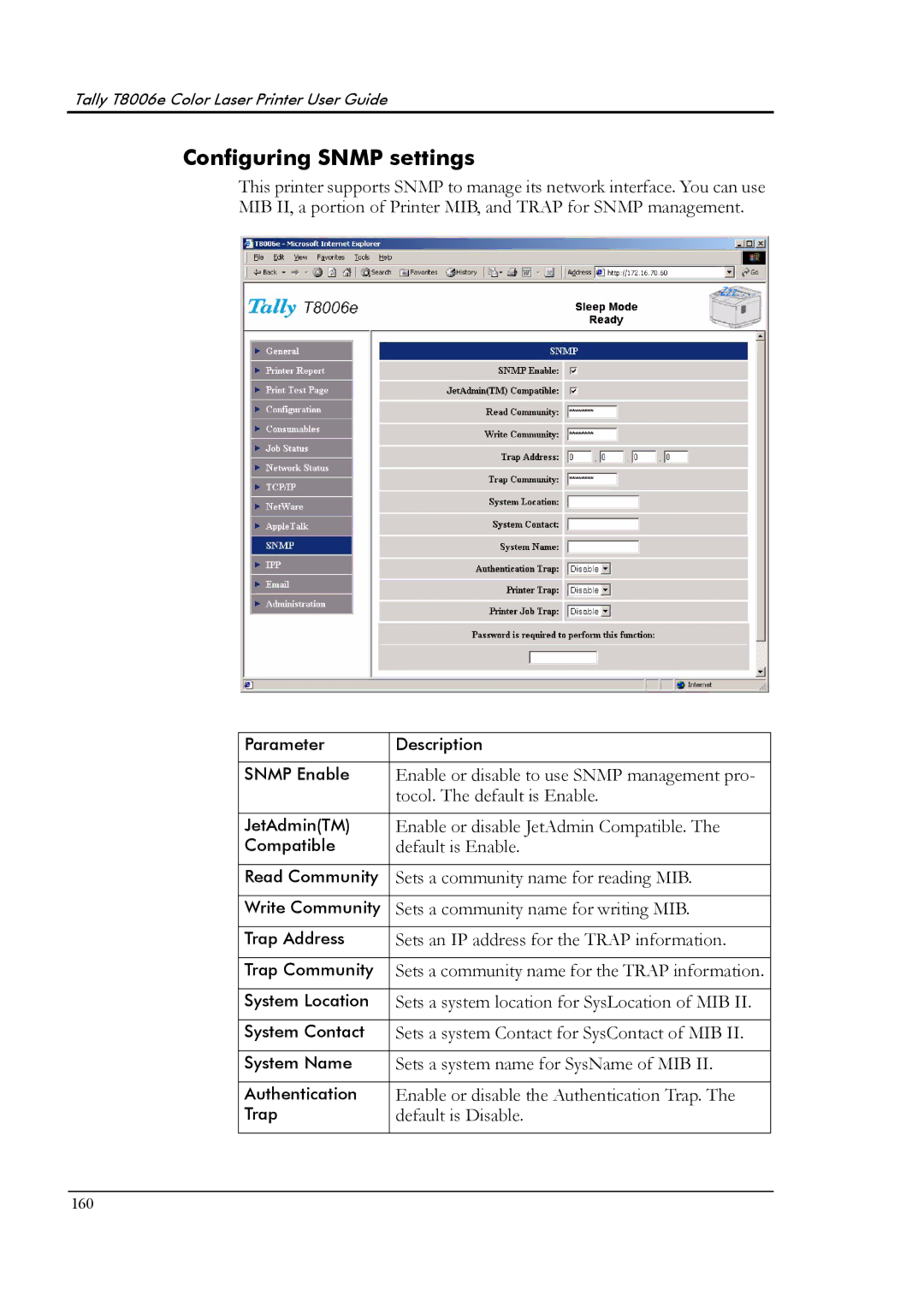 Tally Genicom T8006e manual Configuring Snmp settings 