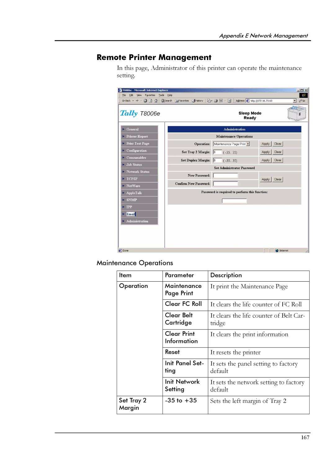 Tally Genicom T8006e manual Remote Printer Management, Sets the left margin of Tray 