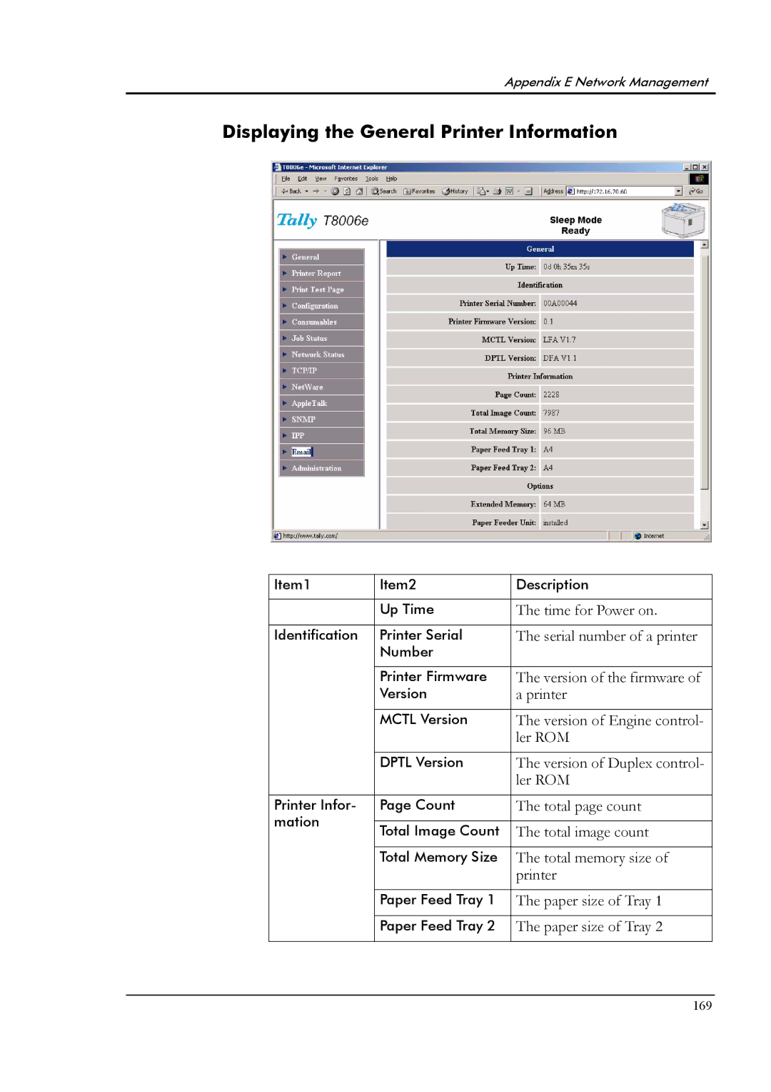 Tally Genicom T8006e manual Displaying the General Printer Information 