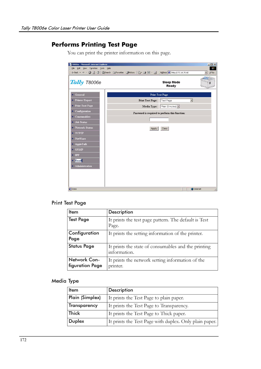 Tally Genicom T8006e manual Performs Printing Test, It prints the Test Page to Thick paper 