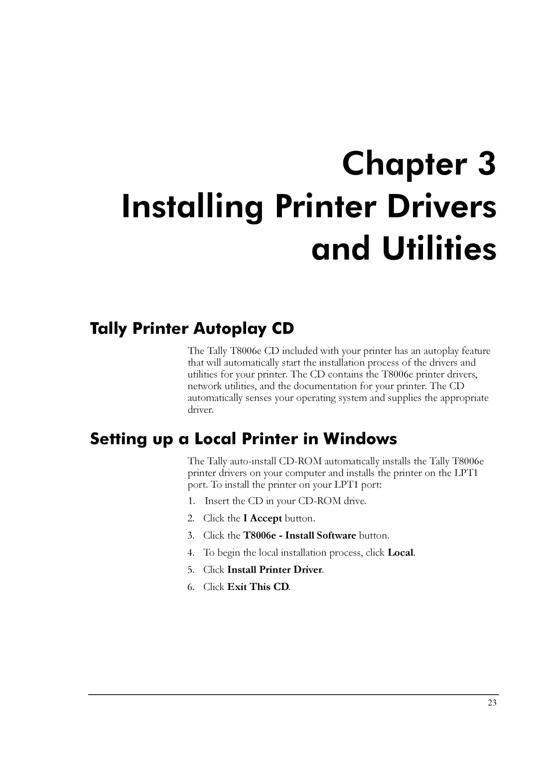 Tally Genicom T8006e manual Chapter Installing Printer Drivers Utilities, Tally Printer Autoplay CD 