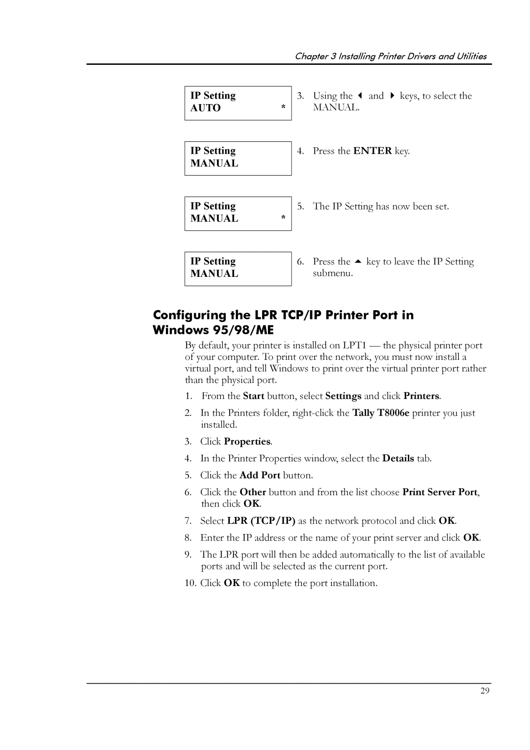 Tally Genicom T8006e manual Configuring the LPR TCP/IP Printer Port in Windows 95/98/ME, Click Properties 