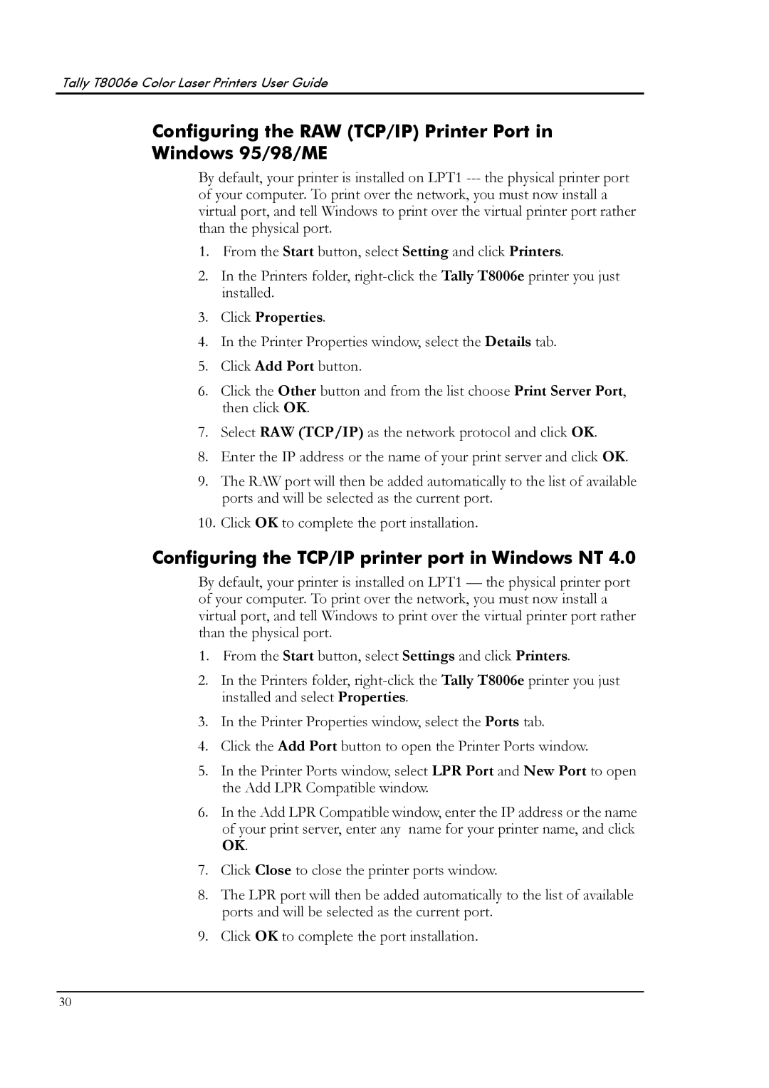 Tally Genicom T8006e manual Configuring the RAW TCP/IP Printer Port in Windows 95/98/ME 