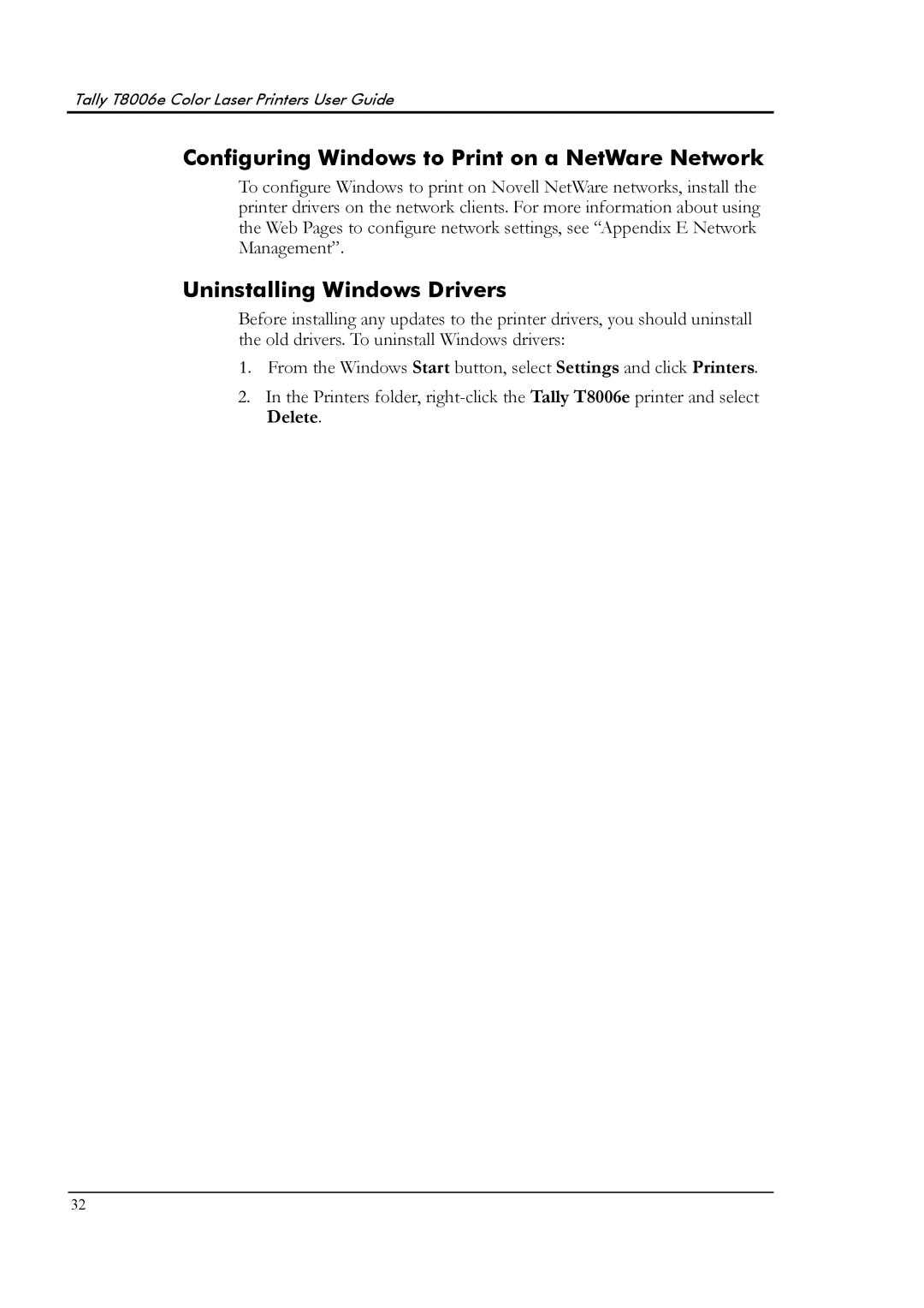 Tally Genicom T8006e manual Configuring Windows to Print on a NetWare Network, Uninstalling Windows Drivers 