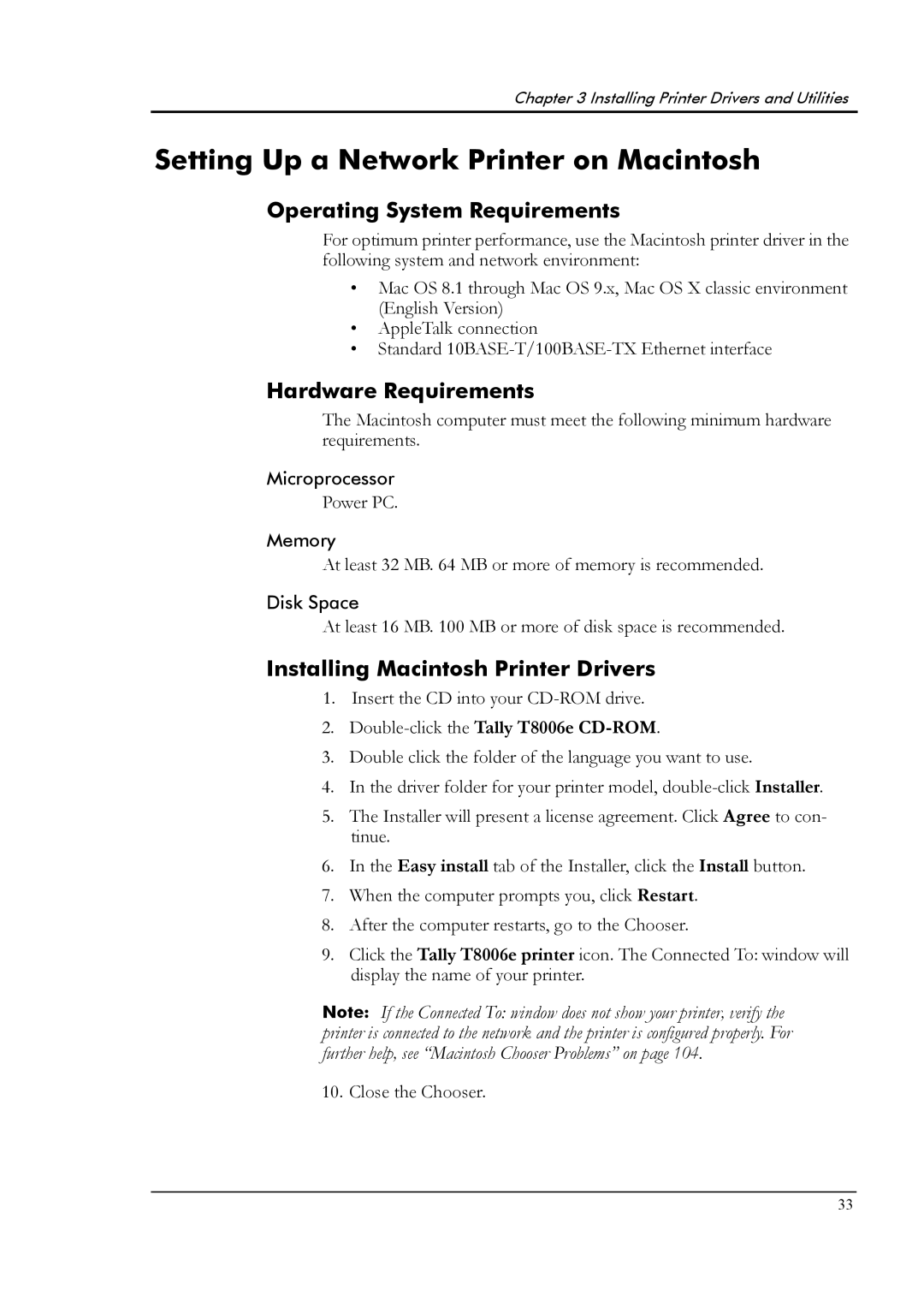 Tally Genicom T8006e manual Setting Up a Network Printer on Macintosh, Installing Macintosh Printer Drivers 